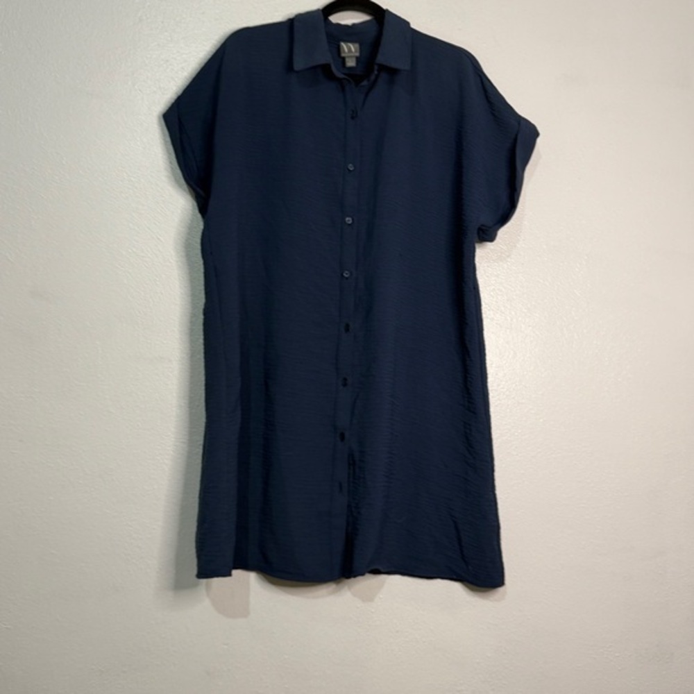Worthington Deep Gray-Blue Button-Up Short-Sleeved Shirt Dress. Sz L.